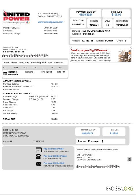 Modèle de facture de services publics des États Unis Colorado United Power aux formats Word et PDF